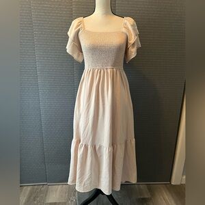 Cream Color Smocked Midi Dress With Pockets